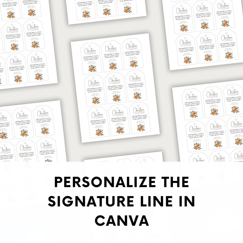 May include: Printable Christmas gift tags with a floral design and the text "Christmas Giveaway" and "Made By".  The tags are designed to be personalized with a signature line in Canva.