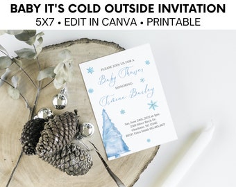May include: A blue and white baby shower invitation with snowflakes and the text "Baby Shower" and "Traene Barley". The invitation includes the date, time, address, and RSVP information.