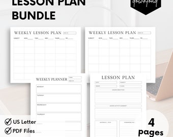 May include: A printable lesson plan bundle for teachers. The bundle includes four pages: two weekly lesson plan templates, a weekly planner, and a single lesson plan template. The pages are black and white and feature a simple, minimalist design.