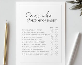 Mommy or Daddy Game, Guess Who Baby Shower Trivia, Baby Shower Game, Who Said It Trivia Game Minimalist Game Mom Or Dad, Guess Who Game