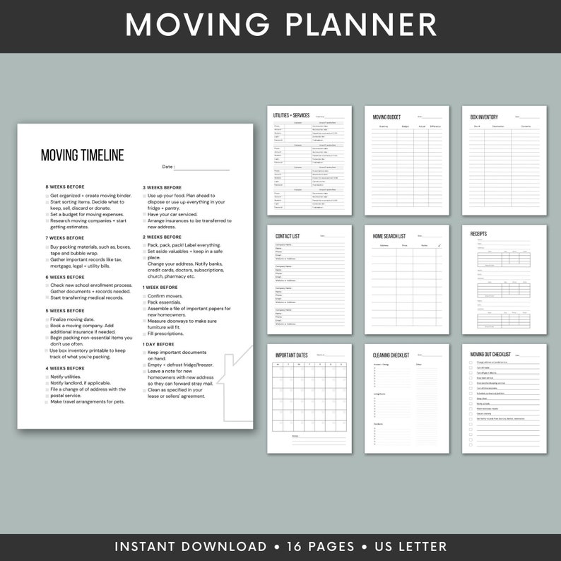 May include: A black and white printable moving planner with the title "Moving Planner" and a timeline for moving. The planner includes sections for utilities, services, moving budget, box inventory, contact list, home search list, receipts, important dates, cleaning checklist, and moving out checklist.