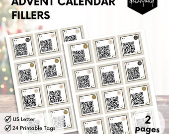 Puede incluir: Dos páginas de etiquetas de calendario de Adviento imprimibles con estrellas doradas y códigos QR. Las etiquetas están diseñadas para papel de tamaño US Letter e incluyen 24 etiquetas imprimibles.
