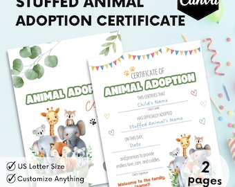 Stuffed Animal Adoption, Adoption Certificate For Stuffed Animal, Adopt a Pet Party, Adopt An Animal Sign, Stuffed Animal Party