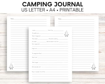 May include: A printable camping journal with a campfire graphic and lined pages for notes, location, weather, and other details. The journal is designed for US Letter size paper.