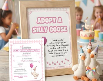 Adopt a Silly Goose Certificate, Editable Adoption Sign, First Birthday Party Favor, Printable Party Game, 1st Birthday Goose Decor