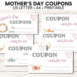 Mother&#39;s Day Printable Coupon, Coupon Book for Mom, Mothers Day Coupons, Mother&#39;s Day Gift, Mothering Sunday Present