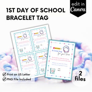 Eerste dag van school armband afdrukbare instant download, bewerkbaar mama en ik armbandlabel, vriendschapsarmbanden cadeaulabel