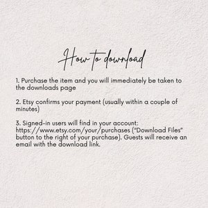 May include: Text-based instructions on how to download a digital purchase from Etsy. The instructions include information about the download page, payment confirmation, and how to access the download link for signed-in users and guests.