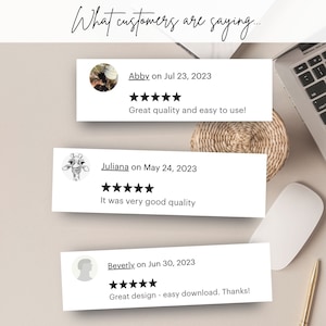 May include: Three white rectangular customer review cards with black text and five-star ratings. The text reads: What customers are saying, Abby on Jul 23, 2023, Great quality and easy to use, Juliana on May 24, 2023, It was very good quality, Beverly on Jun 30, 2023, Great design - easy download. Thanks!