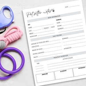 Pet Organization, Pet Sitting Form, Pet Care Information, Pet Wellness, Pet Management, Printable Pet Sitter Plan, Pet Sitter Notes