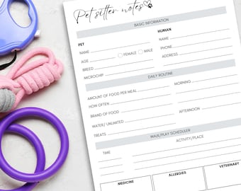 May include: A printable pet sitter notes checklist with sections for basic information about the pet and human, daily routine, walk/play schedule, medicine, allergies, and veterinary information.