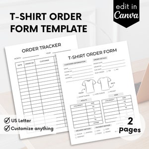 May include: Black and white printable T-shirt order form template with order tracker. The form includes sections for customer information, order details, delivery method, and payment method. The template is designed for use with US Letter size paper.