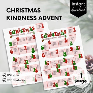 Printable Advent Calendar, Advent Calendar For Kids, Christmas 25 Days Of Kindness Printable, Kindness Calendar