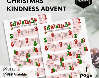 Afdrukbare adventskalender, adventskalender voor kinderen, Kerstmis 25 dagen van vriendelijkheid bewerkbare afdrukbare, vriendelijkheidskalender