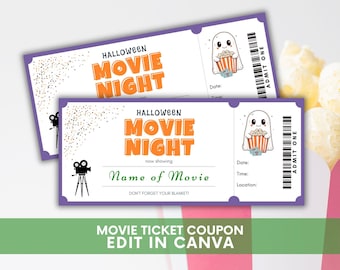 Druckbare Halloween Movie Night Tickets, Gruselige Filmnachtparty, Halloween Ticket-Designs, bearbeitbare Ticketvorlage, Sofort-Download