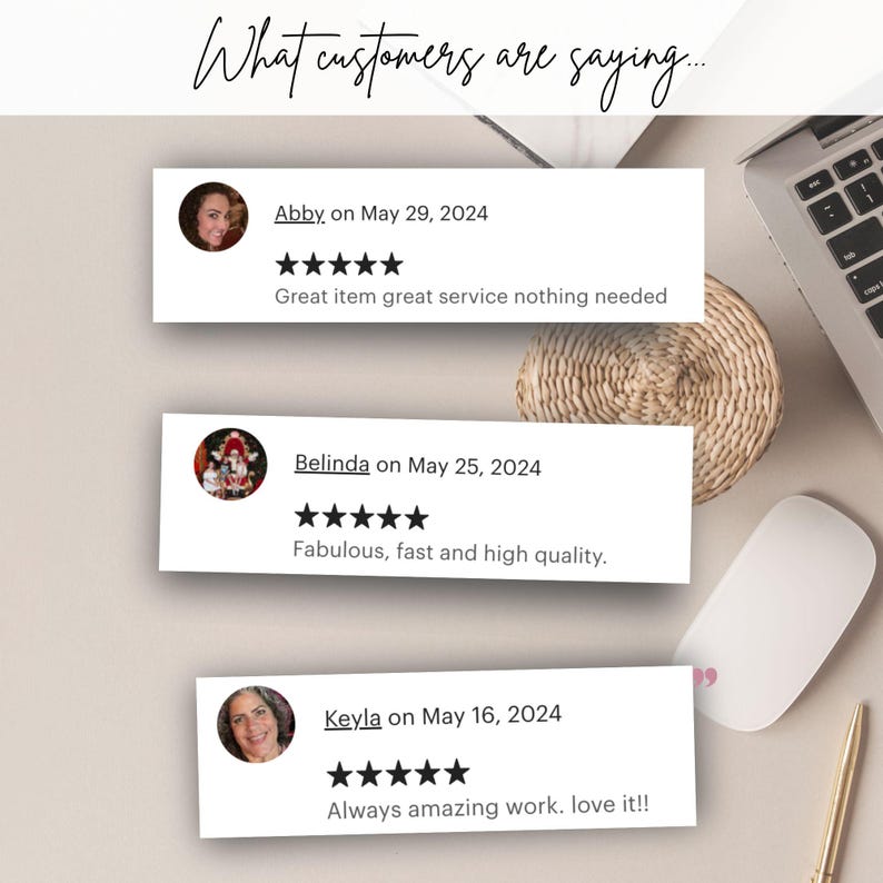 May include: Three customer reviews with five-star ratings and positive comments. The reviews are for a product or service. The first review says "Great item great service nothing needed." The second review says "Fabulous, fast and high quality." The third review says "Always amazing work. love it!!"