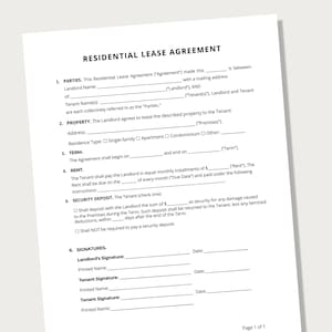 May include: A blank residential lease agreement form with sections for landlord and tenant information, property details, rent, security deposit, and signatures. The form includes checkboxes for different residence types, such as single-family, apartment, condominium, or other.