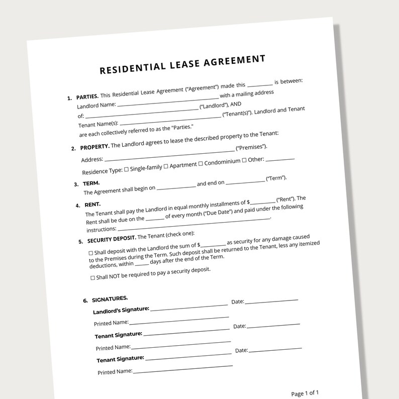 May include: A blank residential lease agreement form with sections for landlord and tenant information, property details, rent, security deposit, and signatures. The form includes checkboxes for different residence types, such as single-family, apartment, condominium, or other.