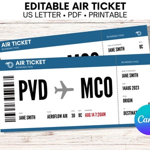 Surprise Airline Gift, Surprise Vacation, Holiday Destination, Airline Ticket Canva, Boarding Pass Canva Template, Editable Boarding Pass