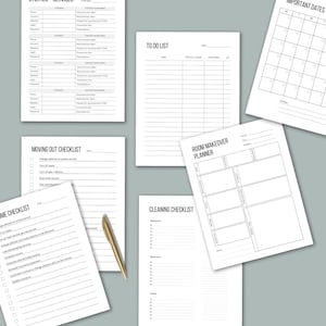 May include: A set of printable checklists and planners for organizing tasks, moving, cleaning, and room makeovers. The checklists include sections for "To Do List", "Moving Out Checklist", "Cleaning Checklist", and "Room Makeover Planner".