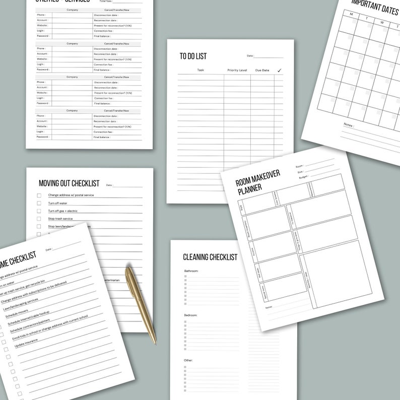 May include: A set of printable checklists and planners for organizing tasks, moving, cleaning, and room makeovers. The checklists include sections for "To Do List", "Moving Out Checklist", "Cleaning Checklist", and "Room Makeover Planner".
