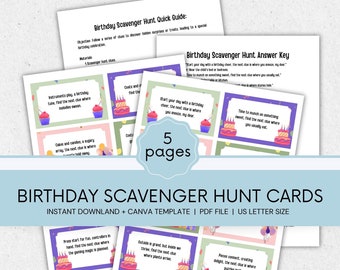 Party Game, Treasure Hunt Clues, Birthday Scavenger Hunt Printable, Birthday Scavenger Hunt Clue Cards, Birthday Riddles