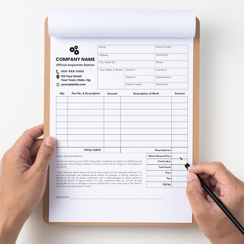 May include: A white and black official inspection station form with a company name, address, and contact information. The form includes sections for customer information, parts and labor, and total costs.