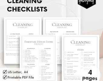 May include: A printable cleaning checklist set with four pages. The checklist includes categories for living room, entry, bathroom, bedrooms, kitchen, and essential house items. The checklist is designed in a minimalist style with black text on a white background.