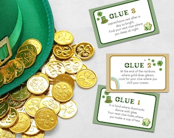 Leprechaun Scavenger Hunt, Pot Of Gold, Saint Patrick's Day Scavenger Hunt, St. Patrick's Day Party Game, Printable Clue Cards
