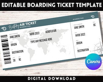 Birthday Airline Ticket, Boarding Pass Template, Airplane Ticket Template, Printable Plane Ticket, Custom Boarding Pass, Surprise Vacation