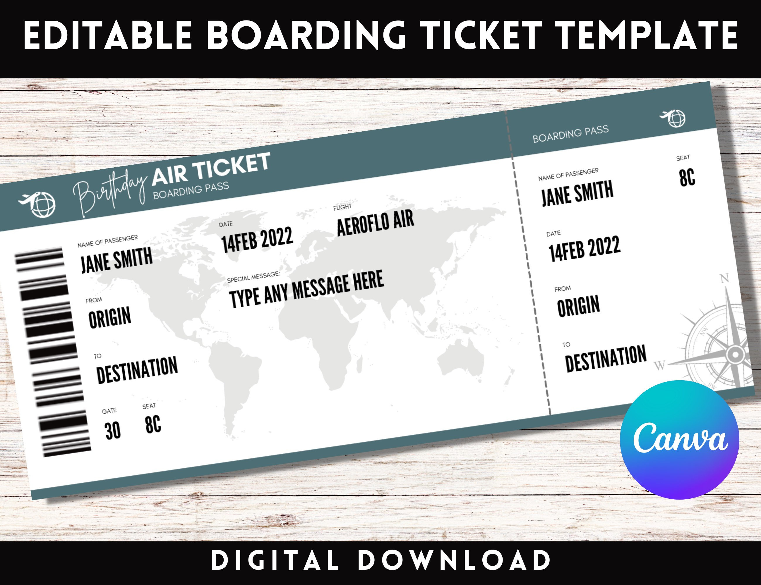 Birthday Airline Ticket, Boarding Pass Template, Airplane Ticket Template, Printable  Plane Ticket, Custom Boarding Pass, Surprise Vacation - Etsy, image size:2600x2000