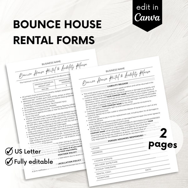 Bounce House Rental Agreement, Liability Waiver, Inflatables Rental Contract, Editable Lease Contract, Inflatables Rental Agreement
