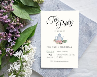 Tea Party Birthday Adult Invitation, Editable Tea Party Bridal Shower Invitation, Editable Tea Party Invitation, High Tea Floral