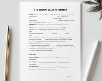 Printable Rental Agreement, Rental Agreement Template, Landlord Forms, Residential Lease Agreement Template, Instant Download