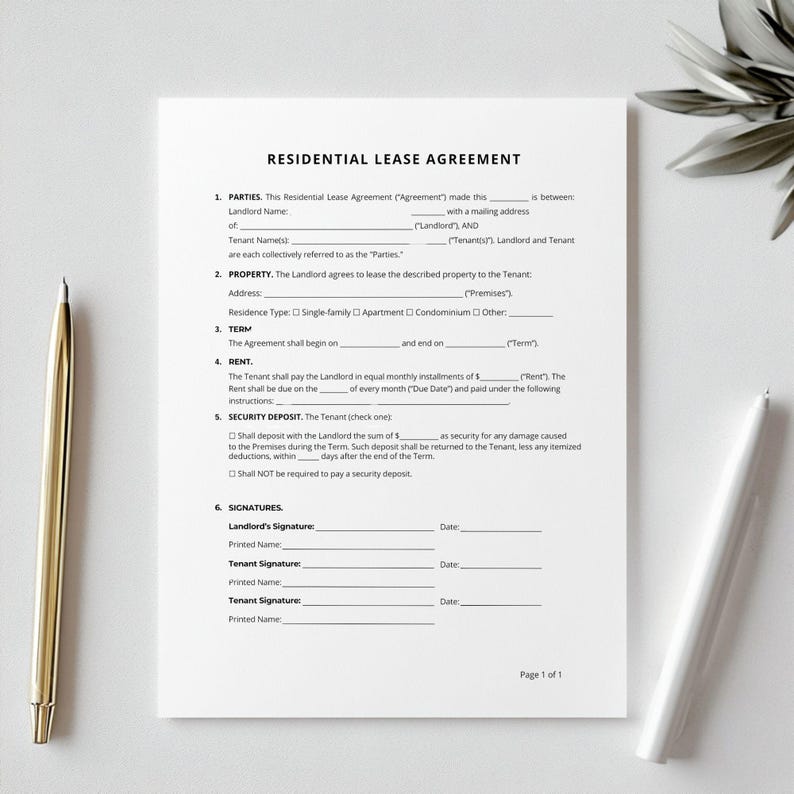 May include: A black and white printable residential lease agreement form. The form includes sections for parties, property, term, rent, security deposit, and signatures. The text "Residential Lease Agreement" is at the top of the page.