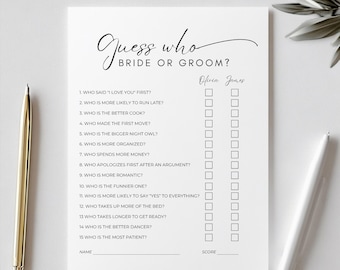 Guess Who Bride or Groom Template, Editable Bridal Shower Game, Engagement Party Activity, Who Knows the Couple Best, Printable Download