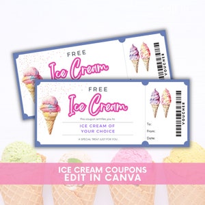 Cupones de helado imprimibles, vale de helado, cumpleaños de helado, fiesta de helado, cupón editable