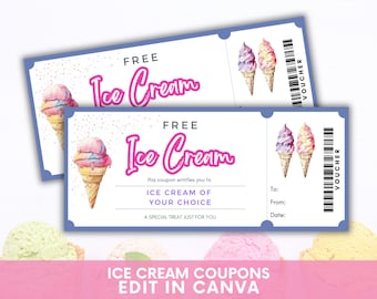 Printable Ice Cream Coupons, Ice Cream Voucher, Ice Cream Birthday, Ice Cream Party, Editable Coupon