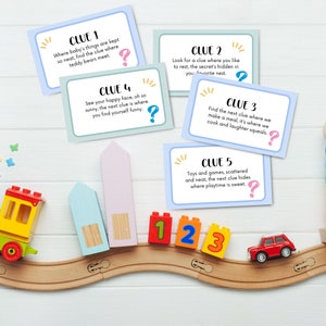 Pistas de búsqueda del tesoro para hermano mayor y hermana, Anuncio de nuevo bebé para niños, Búsqueda del tesoro de revelación de embarazo imprimible para hermanos