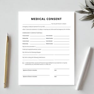 En cas d'urgence, formulaire sur les antécédents médicaux de l'enfant, formulaire de consentement médical pour un nouveau patient, informations sur la baby-sitter, planificateur de garde d'enfants