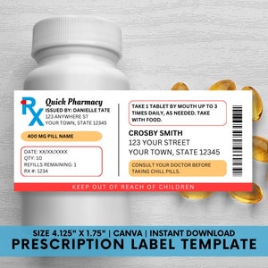 Pill Bottle Label, Prescription Design, Editable Prescription Label, Editable Horizontal Rx Bottle Label Template, Digital Download