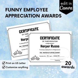 20 divertenti certificati di premiazione per i dipendenti modificabili in Canva Regali di riconoscimento per il personale per le celebrazioni del lavoro