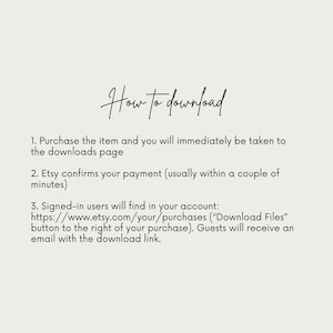 May include: Text-based instructions on how to download digital items purchased on Etsy. The instructions include information about the download page, payment confirmation, and how to access downloads for signed-in users and guests.
