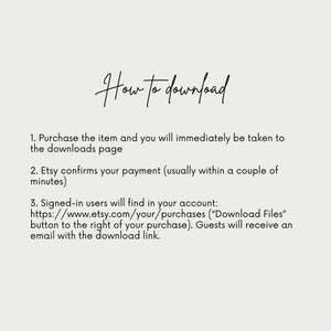 May include: Instructions on how to download digital items purchased on Etsy. The text explains that after purchasing an item, buyers will be taken to a downloads page. Etsy will confirm payment within a few minutes. Signed-in users can find their downloads in their account under "Purchases", while guests will receive an email with a download link.