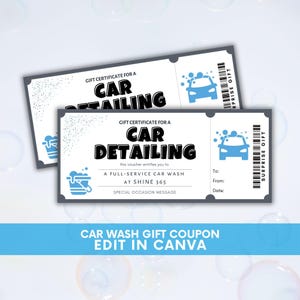 Certificado de regalo para lavado de autos, cupón de lavado de autos editable, boleto de lavado de autos imprimible, perfecto para cualquier ocasión, regalo perfecto para él, amantes de los autos