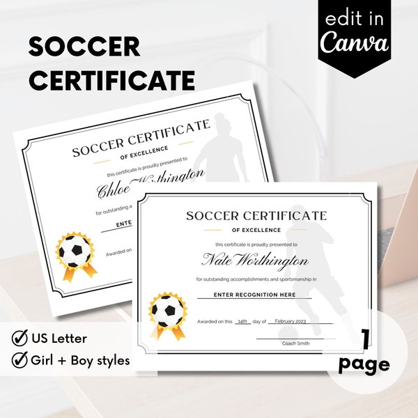 Soccer Certificate Template, Sports Certificate Editable, Achievement Award, Soccer Award, Soccer Party