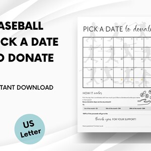 Instant Download, Baseball Pick A Date To Donate, Baseball Calendar, Softball Fundraiser Calendar, Pick A Date To Donate Printable