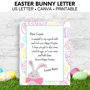 May include: A printable Easter Bunny letter with the text "Dear Cooper" and a message from the Easter Bunny. The letter is decorated with pastel-colored Easter eggs and a cartoon bunny with a pink bow tie. The top text says "EASTER BUNNY LETTER".