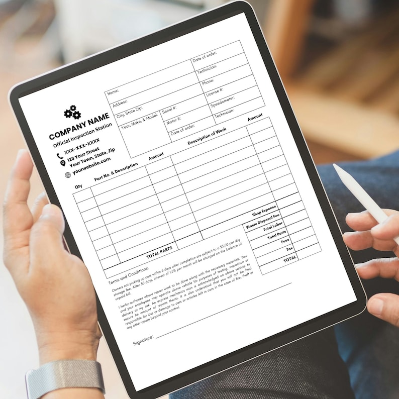 May include: A black and white printable work order form for an official inspection station. The form includes fields for customer information, date of order, description of work, parts, labor, and total cost.
