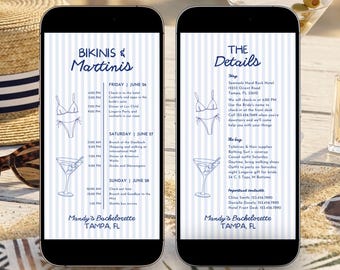 Bikinis and Martinis Bachelorette Itinerary Mobile Friendly Canva Template Editable Weekend Girls Trip
